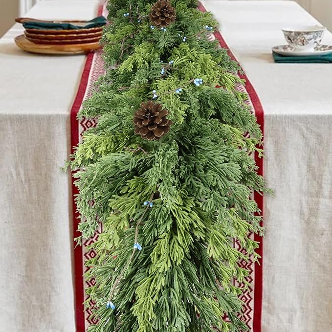 6 FT Cedar Garland - Artificial Christmas Garland with Pine Cones Berry for Christmas Decorations Holiday Seasonal Outdoor Indoor Home Decor