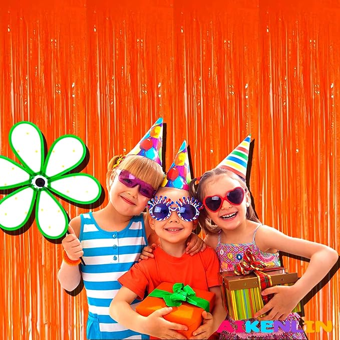 4 Pack Orange Foil Fringe Curtain Backdrop, 3.2Ft x 9.8Ft Metallic Tinsel Foil Fringe Streamers Curtains for Party, Photo Booth Prop, Birthday, Wedding, Mardi Gras Party Decoration