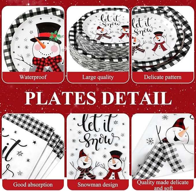 250 Pcs Christmas Snowman Paper Plates and Napkins Party Supplies White Black Buffalo Plaid Winter Disposable Tableware Set for Christmas Winter Holiday Xmas Party Decoration