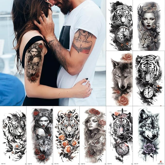 Aivoch 10 Sheets Realistic Animals Temporary Tattoo for Men Women Adults, Wolf Tiger Rose Tattoos Stickers, Flowers Fake Tattoo Stickers, Body Art Half Arm Sleeve Tattoos (Animals)