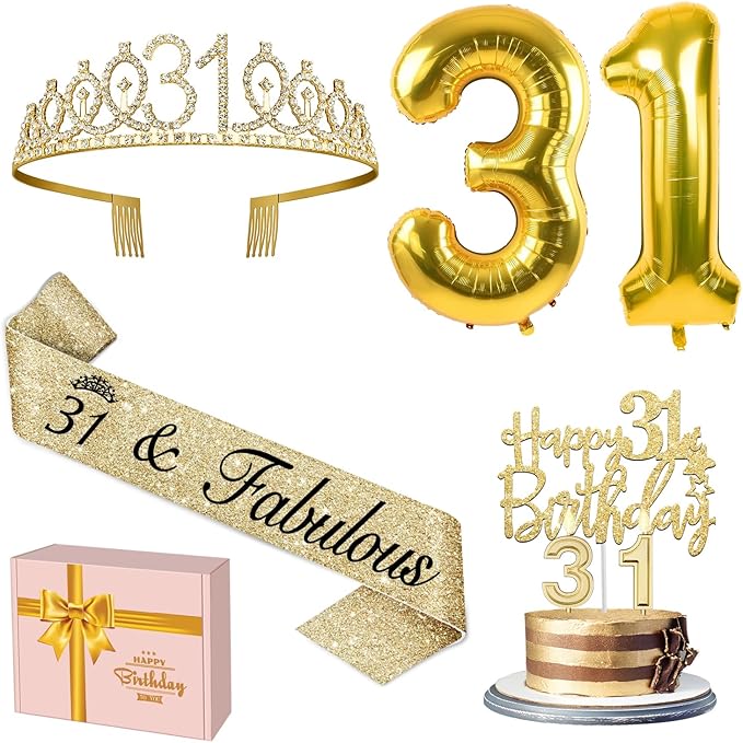 31st Birthday Decorations for Women Gold with 31st Birthday Tiara and Sash, Cake Topper and Number Candles, Number Balloons, 31 Year Old Gifts for Women