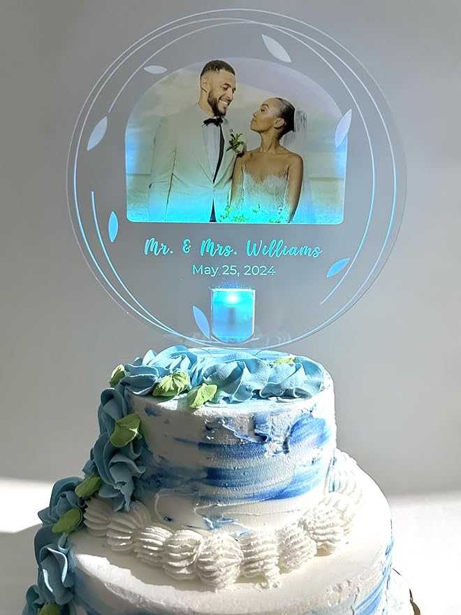 Photo Light Up Personalized Party Decor Happy Birthday Cake Top Topper With Any Photo Picture Logo Text - Mitzvah, Weddings, Birthday, Sweet 16, Anniversary