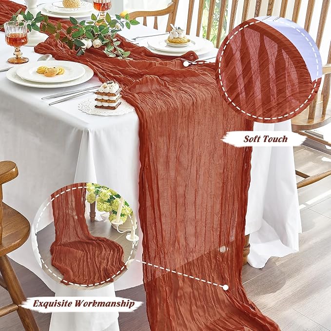 IVAPUPU 2 Pcs Cheesecloth Fall Table Runner - 10ft Terracotta Boho Gauze Cheese Cloth Table Runner for Baby Shower Decoration Wedding Party Summer Garden Farmhouse