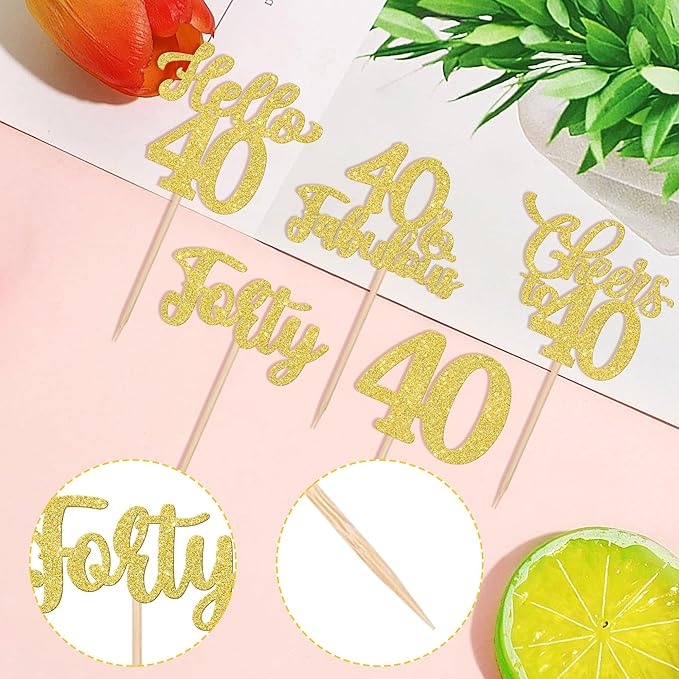 30PCS Happy 40th Birthday Cupcake Toppers Glitter Hello 40 Fabulous Forty Cheers to 40 Years Old Birthday Cupcake Picks for Happy 40th Birthday Anniversary Party Cake Decorations Supplies Gold