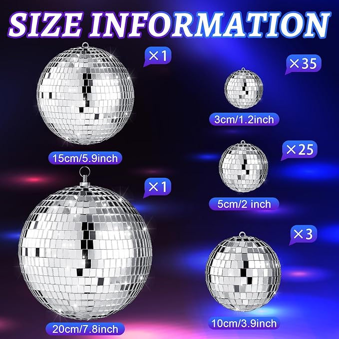 65 Pcs Disco Balls Decorations Assorted Size Disco Ball Ornament Reflective Hanging Mirror Ball Mini Large Silver Balls for Christmas Party Wedding Dance Ballroom Stage(8/6/ 4/2/ 1.2 in)