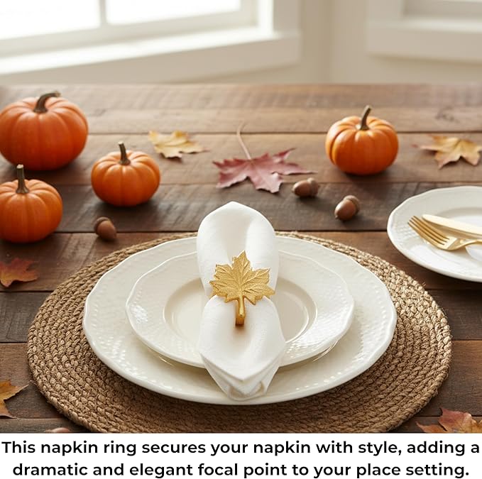 Set of 12 Maple Leaf Napkin Rings - Handcrafted Aluminum Napkin Holders for Cloth & Paper Napkins, Elegant Table Décor for Wedding Receptions Thanksgiving Christmas Holiday Parties (Gold) CLEENTABLE