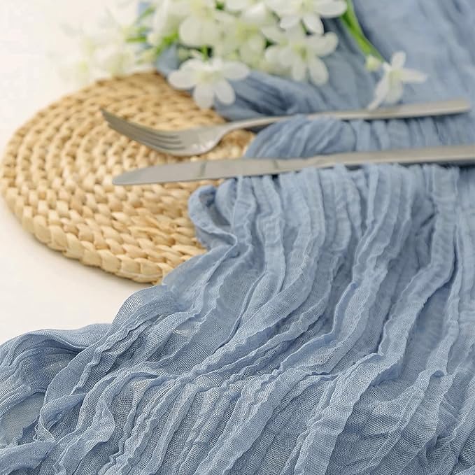 12 Pack Dusty Blue Cheesecloth Table Runner 10FT Boho Gauze Fabric Table Runner 35 x 120 Inch Rustic Sheer Runner for Centerpiece Wedding Decor Party Boho Table Decoration（Dusty Blue）
