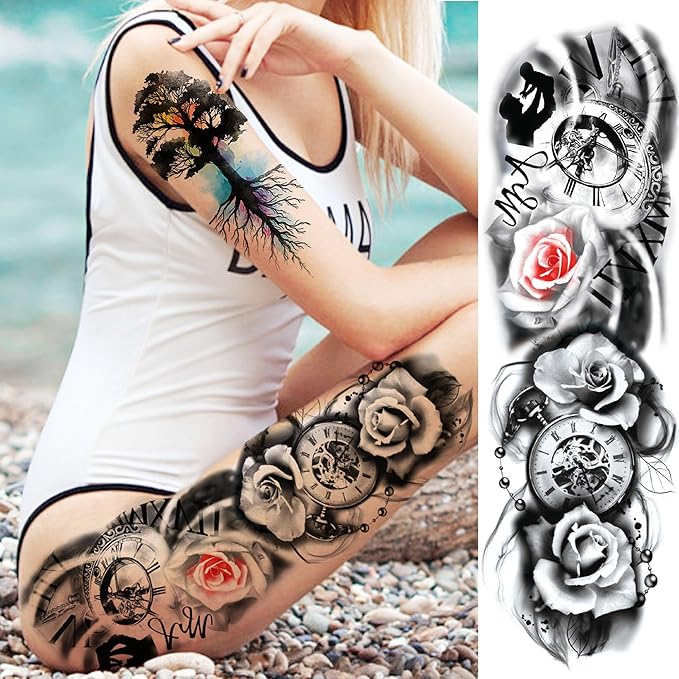 20 Sheets Sexy Rose Flower Full Arm Temporary Tattoos For Women Girl, Large Peony Lotus Florals Wolf Lion Tiger Fox Skull Fake Sleeve Tattoo For Adults, Watercolor Skull Halloween Tattoo Stickers