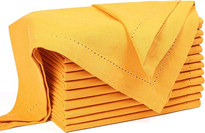 Palisa Cloth Dinner Napkins with Hemstitched Detailing & Mitered Corners Set of 12 (18x18 Inches) Mustard - Cotton Reusable Dinner Napkins - Perfect for Weddings & Everyday Use