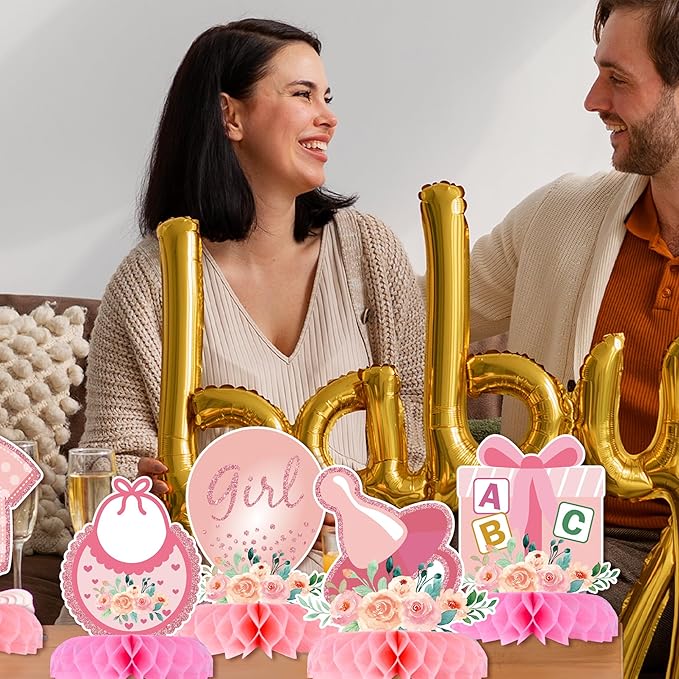 12 Pcs Baby Shower Decorations for Girl Glitter Pink Honeycomb Centerpieces for Baby Shower Table Decorations It's a Girl Centerpiece Decor Party Supplies