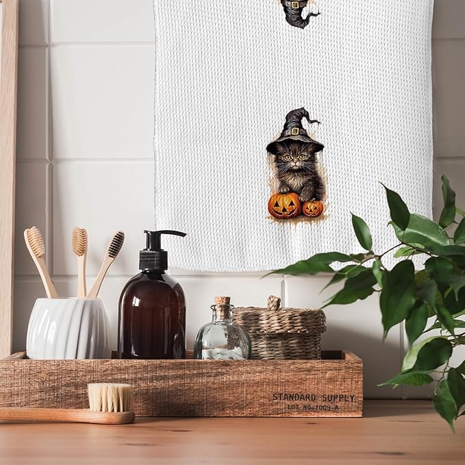 TNUW Black Cat Halloween Kitchen Towels 16x24 Inch, Black Cat Mom Lovers Gifts Dish Tea Towels for Kitchen, Halloween Spooky Pumpkin Witchy Kitten Decorative Hand Towel for Bathroom Decor
