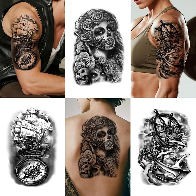 36 Sheets Temporary Tattoo for Men Women Adults, 12 Sheets Large Size Black 3D Half Sleeve Fake Tattoos, Halloween Tattoos Scary Lion Wolf Tiger PantherSnake Skull Skeleton Tattoos Stickers