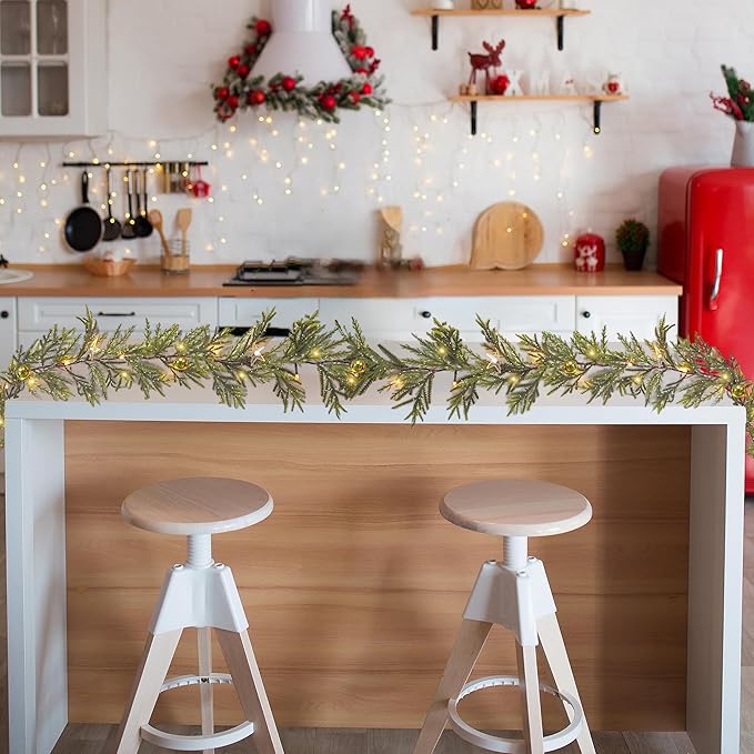 6FT Artificial Christmas Garland, Faux Evergreen Garland with Golden Bell and Star, Pre-lit Battery Operated with Timer for Indoor Outdoor Party Holiday Decor