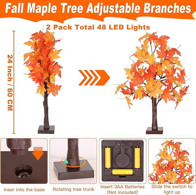 2 Pack 24 Inch Artificial Lighted Fall Maple Tree Thanksgiving Decorations with 48 LEDs Battery Operated Timer Prelit Acorn Maple Tree Lights for Thanksgiving Table Decor Home Indoor Autumn Harvest