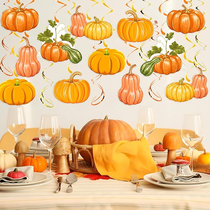 30pcs Fall Pumpkin Hanging Swirls, Thanksgiving Fall Ceiling Hanging Decorations Pumpkin Swirls Streamers for Thanksgiving Autumn Harvest Party Supplies