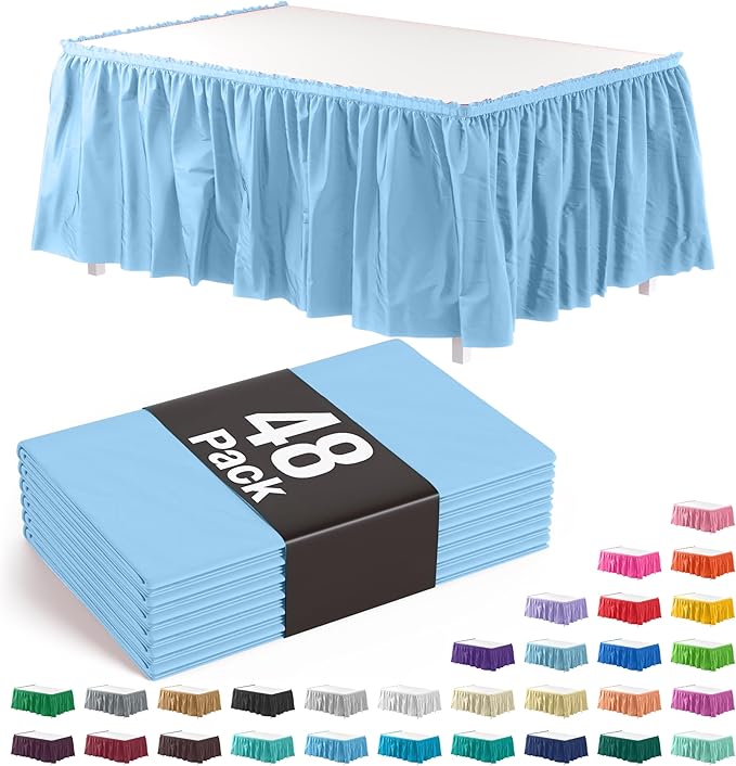 Exquisite Ruffle Table Skirt Light Blue 48 Pack 14 Ft Long Table Skirts for Rectangle Tables 6ft Plus or Round Tables Skirts with Adhesive Strip for Gender Reveal Decor & Happy Birthday Parties