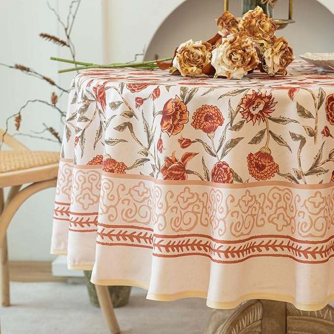 Valentine's Day Tablecloth 60" Round, Red Floral Waterproof Round Tablecloth Vintage French Style Home Decor, Elegant Floral Design, Stain Resistant, Perfect for Dining & Kitchen