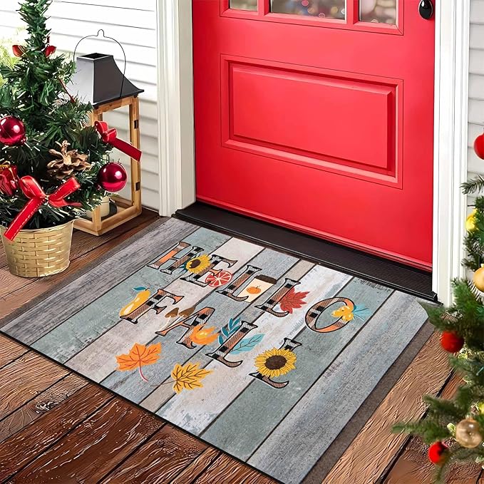Fall Door Mat Hello Fall Doormat Welcome Mat Front Outdoor Autumn Harvest Vintage Doormats for Autumn Halloween Thanksgiving Farmhouse Decor, 24"x16"inch