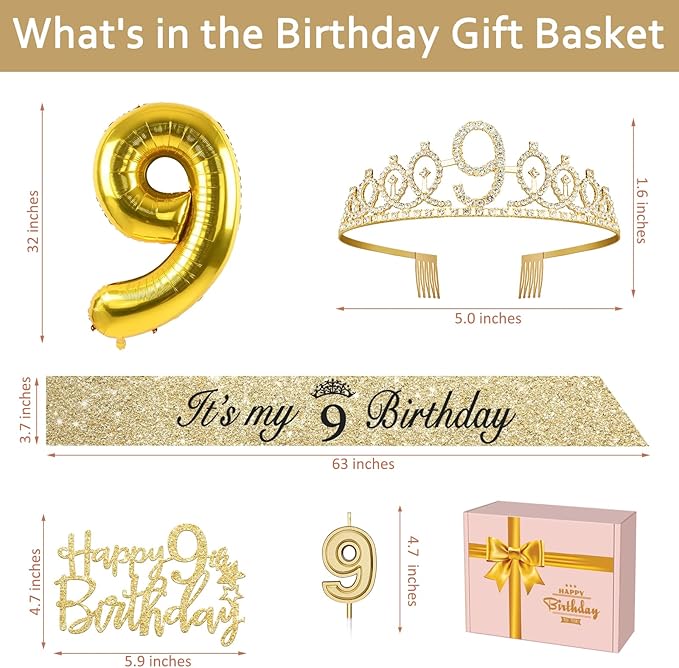 9th Birthday Decorations for Girl Gold with 9th Birthday Sash and Tiara, Candles and Cake Topper, Number Balloons, 9 Year Old Gifts for Girls