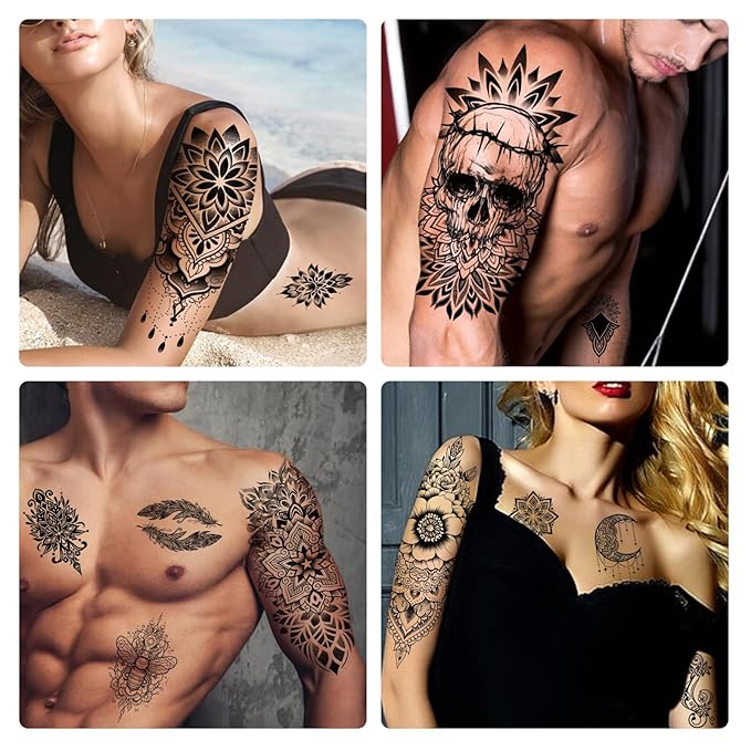 Yazhiji 48 Waterproof Temporary Tattoos For Adult, Mandala Vintage Black Lotus Temporary Tattoos for Men Women, Full Arm Fake Tattoo Bohemia Mandala Flower Fake Arm Tattoos for Boys Girls