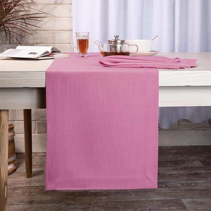D'Moksha Homes Bubblegum Pink Table Runner 14 x 108 Inch - Faux Linen Table Runner 108 Inches Long - Wrinkle Resistant, Machine Washable for Thanksgiving, Holiday - 100% Recycled Fabric