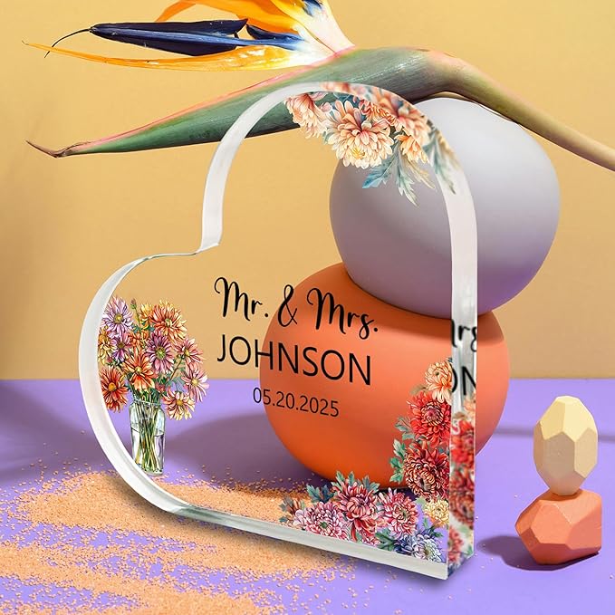 Custom Wedding Heart Acrylic Plaque,Mr & Mrs Cake Topper,Personalized Wedding Keepsake/Gift/Sign (Style 6)