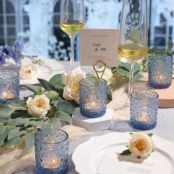 Blue Votive Candle Holder Set of 36, Flower Tea Lights Candles Holders for Wedding Table Centerpieces, Birthday Parties, Home Decor, Blue Bridal Shower and Holiday Decorations