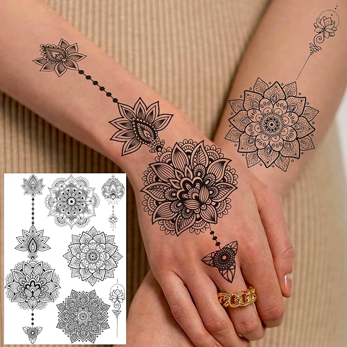 Vintage India Sexy Hands Temporary Tattoos For Women Finger Girls Adults, 4 Sheets Bohemia Lace Black Lotus Mandala Flower Fake Jewels Tattoo Sticker Kits Stencils, Party Favor Supplies Decoration