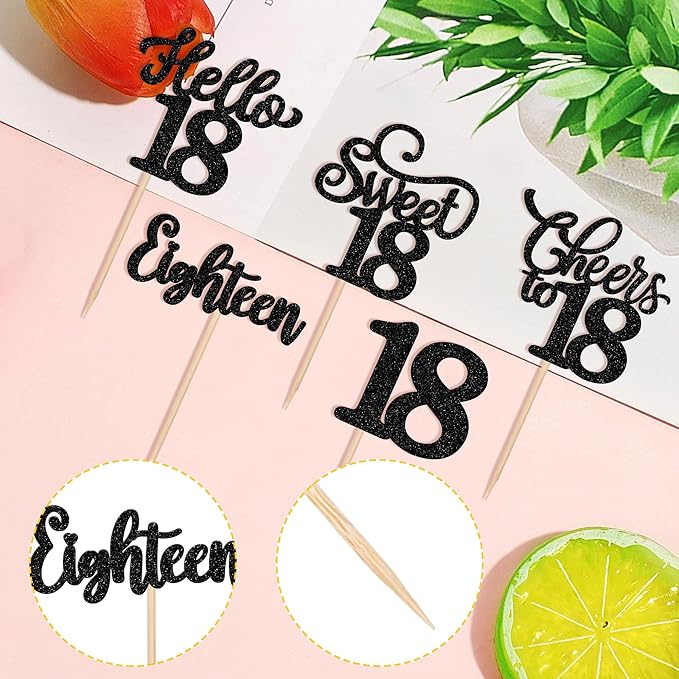 30PCS Happy 18th Birthday Cupcake Toppers Glitter Eighten Sweet 18 Hello 18 Cupcake Picks Cheers to 18 Birthday Decorations for 18th Birthday Anniversary Party Cake Decoration Supplies Black