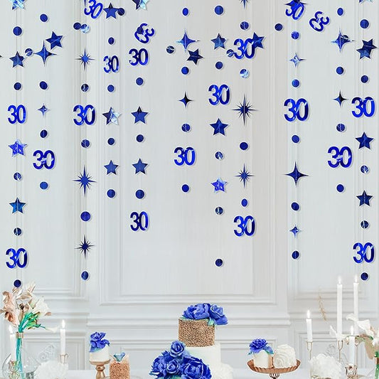 Navy Blue 30th Birthday Decorations Number 30 Circle Dot Twinkle Star Garland Metallic Streamer Bunting Banner Backdrop for Her Happy Dirty 30 Year Old Birthday Thirty Anniversary Party Supplies