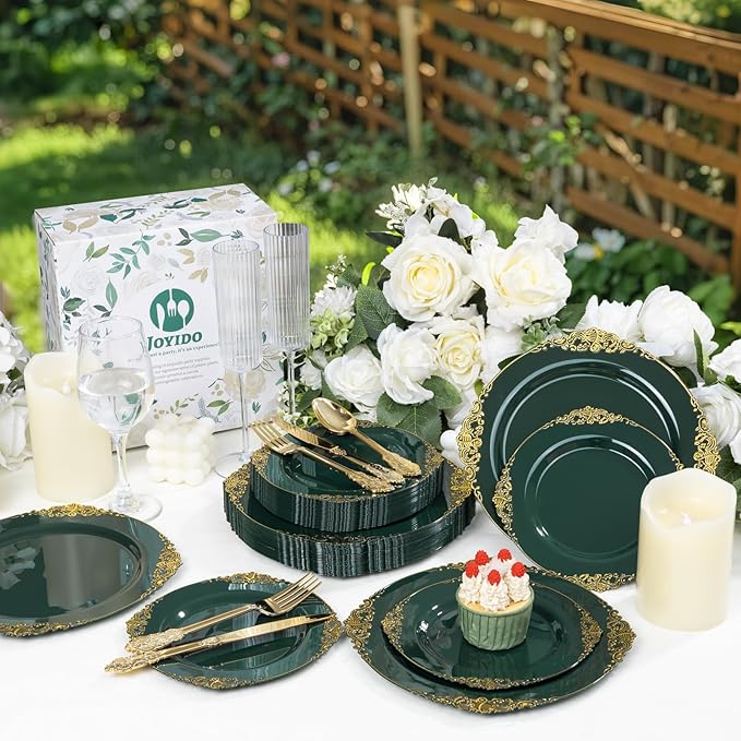 125PCS Green and Gold Plastic Plates - Fancy Green Disposable Plates - Vintage Christmas Plate with Gold Plastic Silverware Set for 25 Guests for Party Xmas Holiday