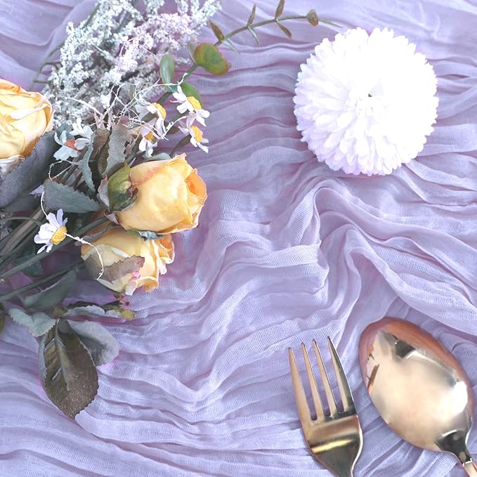 6 Pack Lavender Cheesecloth Table Runner 10FT Boho Gauze Fabric Table Runner 35 x 120 Inch Rustic Sheer Runner for Centerpiece Wedding Decor Baby Shower Party Boho Table Decoration