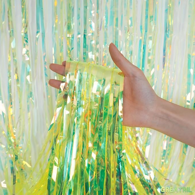 GREATRIL Holographic Tinsel Foil Fringe Curtain, 3.2 x 6.5 ft, Iridescent Party Streamers, 2 Pack (Green)