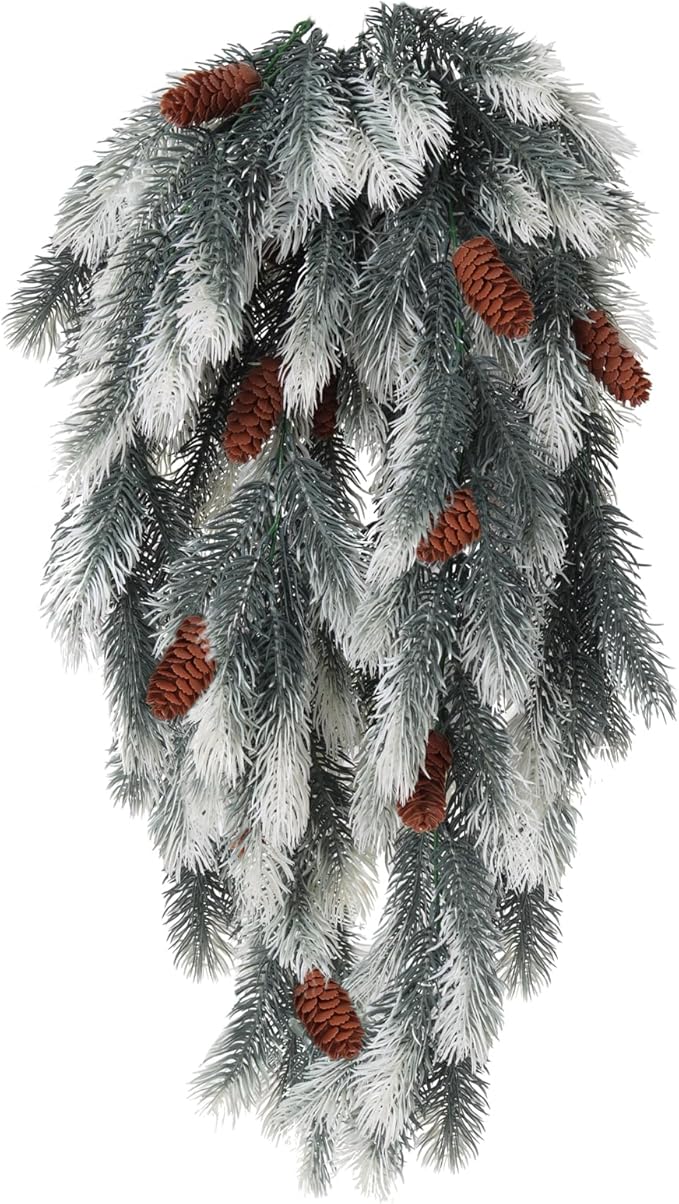 RECUTMS Hanging Artificial Greenery Artificial Pine Needle Branches Green Plant Pine Needle Accessories Faux Outdoor Plants Hanging Teardrop Christmas swags for Christmas Home Decoration(White)
