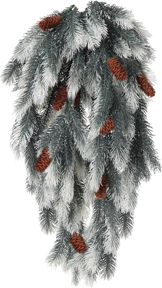 RECUTMS Hanging Artificial Greenery Artificial Pine Needle Branches Green Plant Pine Needle Accessories Faux Outdoor Plants Hanging Teardrop Christmas swags for Christmas Home Decoration(White)