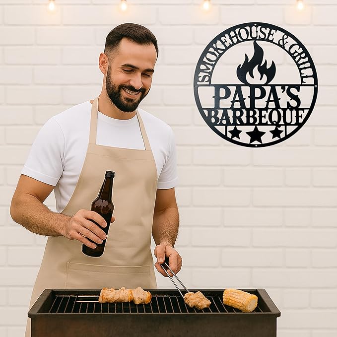 Custom BBQ Metal Sign Personalized Grill Name Wall Art for Outdoor Kitchen Patio Backyard Decor Fathers Gift for Dad Grandpa Husband Barbecue Smoker Area Sign, Grilling Lover Gifts 01