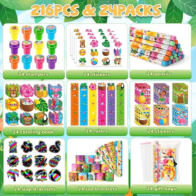 BenLouis 216Pcs Hawaiian Luau Party Favors Aloha Summer Tropical Tiki Theme School Stationery Set Bulk for Kids Beach Pool Birthday Party Goodie Bag Stuffers Classroom Gifts Rewards Pinata Filler