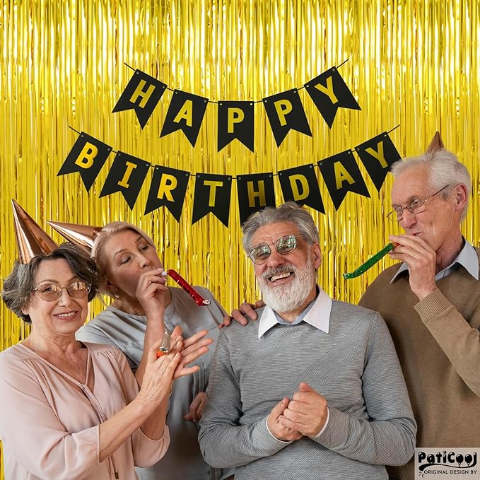 Gold Streamers Graduation Decorations - Thicken 2 Pack 3.2 x 8.2 FT - Golden Tinsel Foil Fringe Backdrop Curtains Party Backdrop for Birthday, Prom, Hollywood, Anniversary Party Decorations