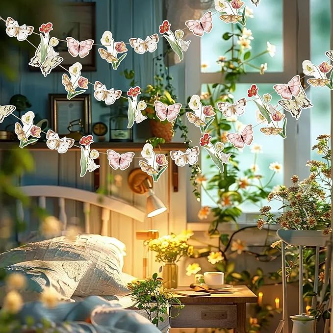 Sunbeauty Wildflower Butterfly Happy Birthday Banner Garden Party Decoration Floral Birthday Decorations for Women Girl Spring Summer Birthday Baby Shower Supplies | Pre-Strung