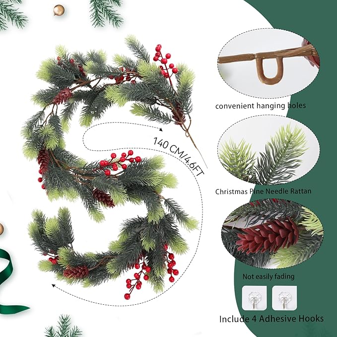 RECUTMS Christmas Garland with Red Berries Decorative Pine Cones and Artificial Holly Berries Artificial Garland for Indoor and Outdoor Greenery Wreath for Holiday Home Table Decor(Light Green)