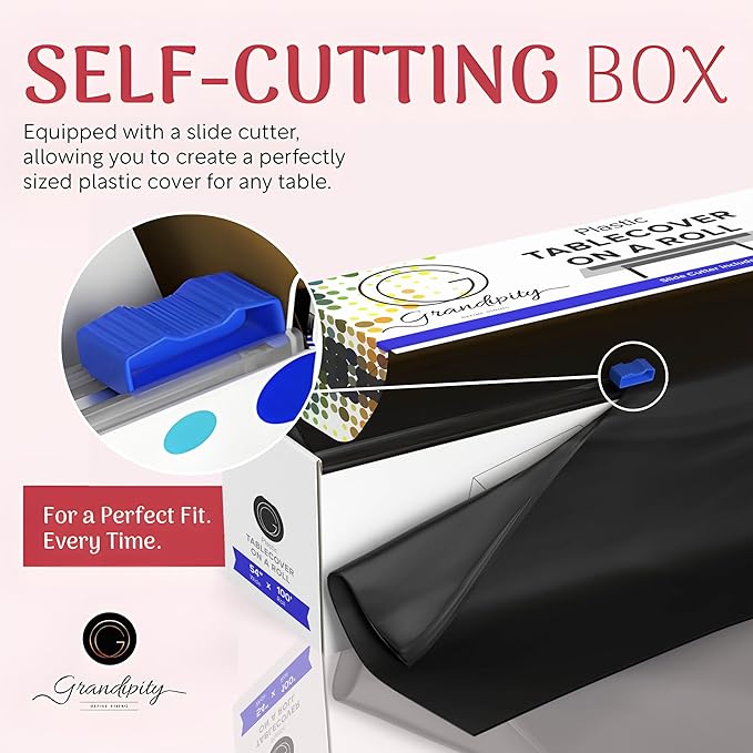 Grandipity Plastic Tablecloth Roll - 54in x 100 Ft. Black Plastic Table Cloths for Parties Disposable with Cutter Box - Cut to Size Disposable Tablecloth Table Cover for Rectangle & Round