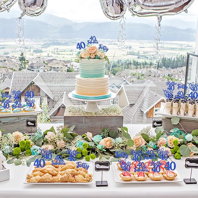 30PCS Happy 40th Birthday Cupcake Toppers Glitter Hello 40 Fabulous Forty Cheers to 40 Years Old Birthday Cupcake Picks for Happy 40th Birthday Anniversary Party Cake Decorations Supplies Blue