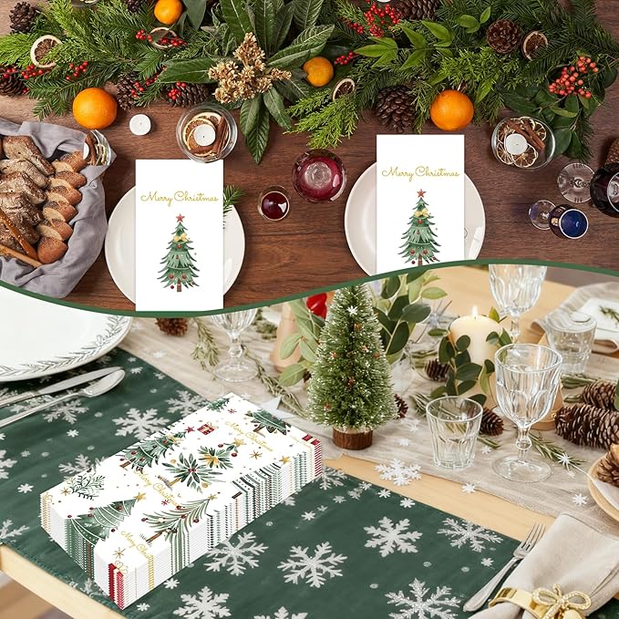 100 Pack Christmas Dinner Paper Napkins, Disposable Christmas Paper Hand Towels for Bathroom, Dinner, Kitchen & Xmas Holiday Party Supplies Xmas Guest Napkins Table Decor