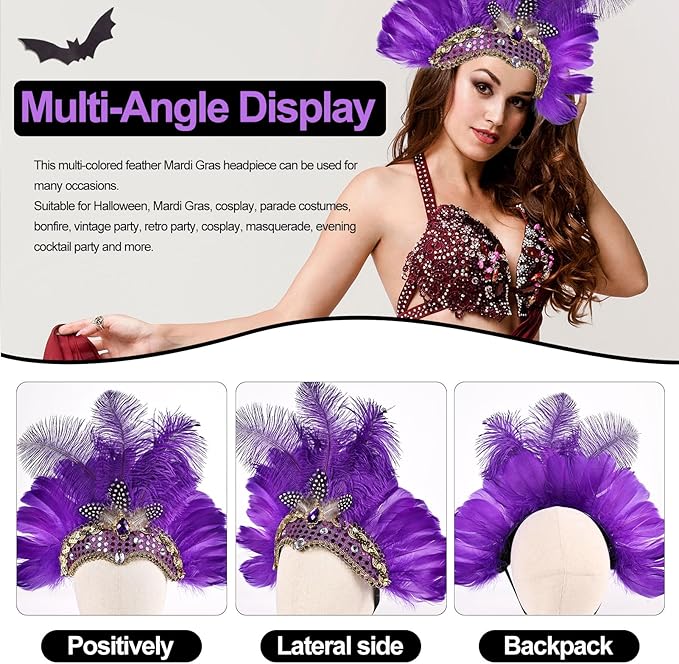 Women's Carnival Feather Headpieces Sequin Headdress for Wedding Masquerade Party Cosplay Feather Headbands