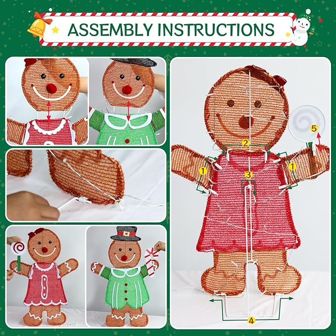 DomKom Set of 2 Lighted Gingerbread Man Christmas Decorations, 27 inch Pre-Lit Light Up Gingerbread Couple with Candy Cane & Lollipop 50 LED for Xmas Indoor Outdoor Yard Lighted Holiday Displays