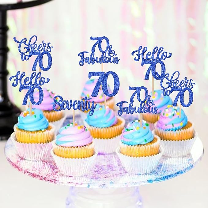 30PCS Happy 70th Birthday Cupcake Toppers Glitter Hello 70 Fabulous Seventy Cheers to 70 Years Old Birthday Cupcake Picks for Happy 70th Birthday Anniversary Party Cake Decorations Supplies Blue
