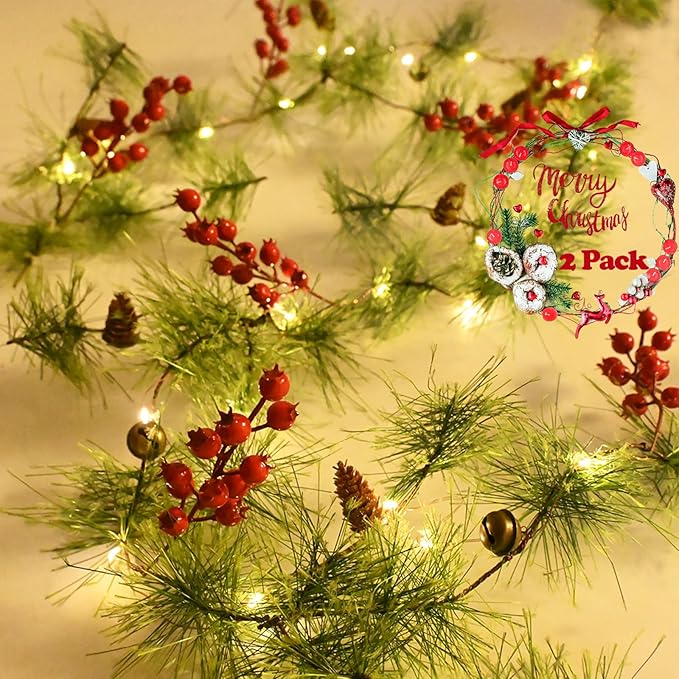 2Pack Christmas Garland with LED Fairy Lights 13FT Battery Operated Smokey Pine Garlands with 8 Flash Modes and Timer Red Berries Bells Pine Cones Green Garland Rustic Garlands for Xmas Holiday Home