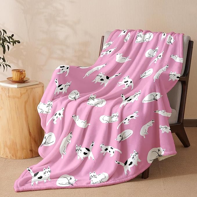 Cat Lover Flannel Blanket – 300GSM Soft Fleece Throw, Single-Sided Printed Cute Cat Design, Cozy & Lightweight for Sofa, Bed, Travel, Kids & Pets – Pink Kitty Theme Blanket