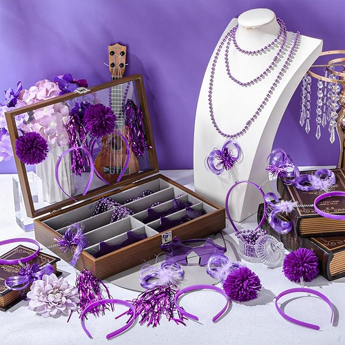 50 Pcs Purple Holiday Team Spirit Party Accessories Pom Pom Party Headbands Star Shape Sunglasses Bead Necklaces Stuff Favors for Birthday Wedding Supplies(Classic)