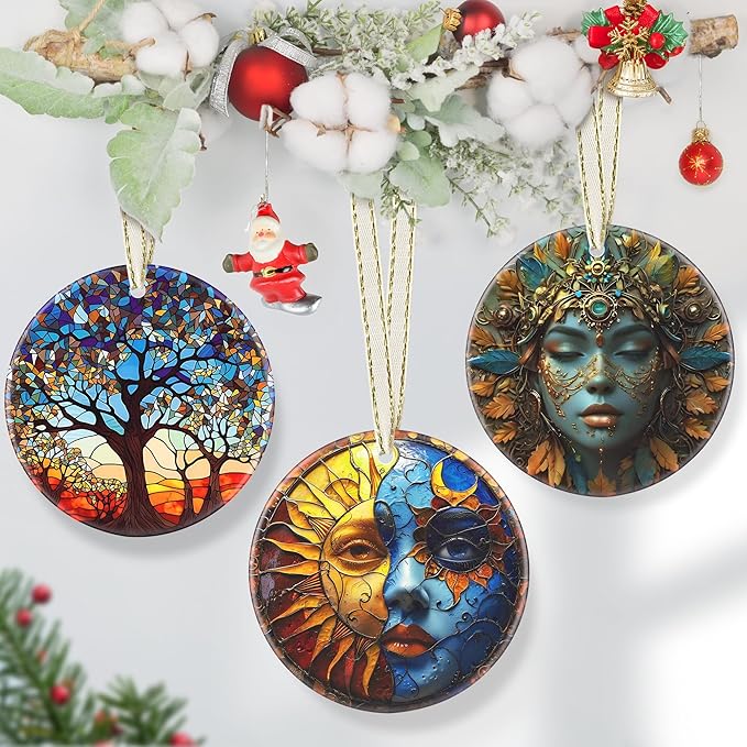 Sun and Moon Ceramic Christmas Ornament, 3.5 Inch Hanging Decor for Christmas Tree, Gift for Holiday Present Exchange
